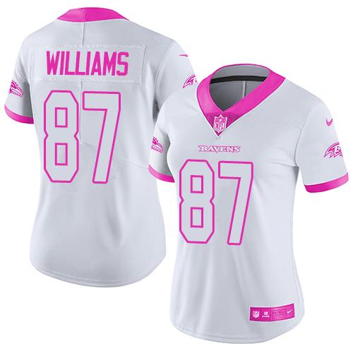Nike Ravens #87 Maxx Williams White/Pink Women's Stitched NFL Limited Rush Fashion Jersey